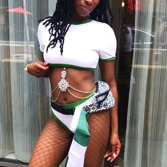 White and green bikini set including short sleeve crop top with bikini bottoms - Picture 2 of 7